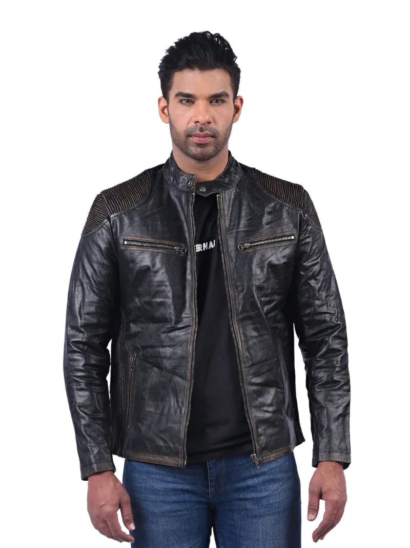 Men’s Black Shoulder Panel Leather Jacket Front 