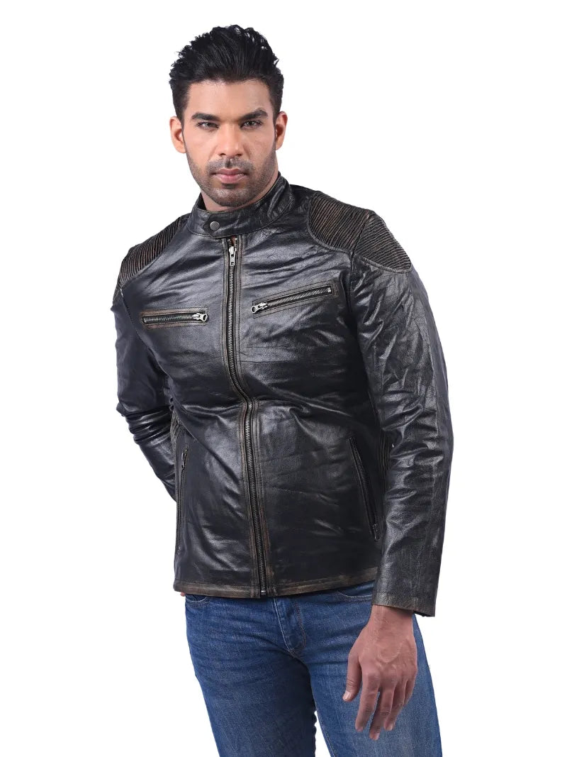 Men’s Black Shoulder Panel Leather Jacket Full