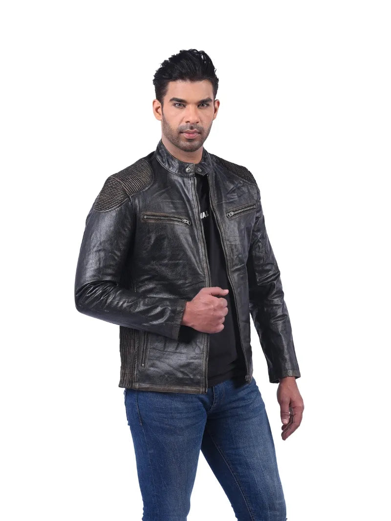 Men’s Black Shoulder Panel Leather Jacket Right 