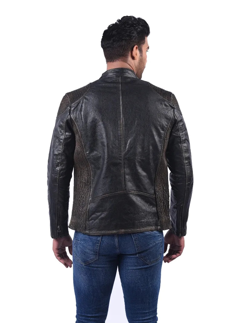 Men’s Black Shoulder Panel Leather Jacket Back 