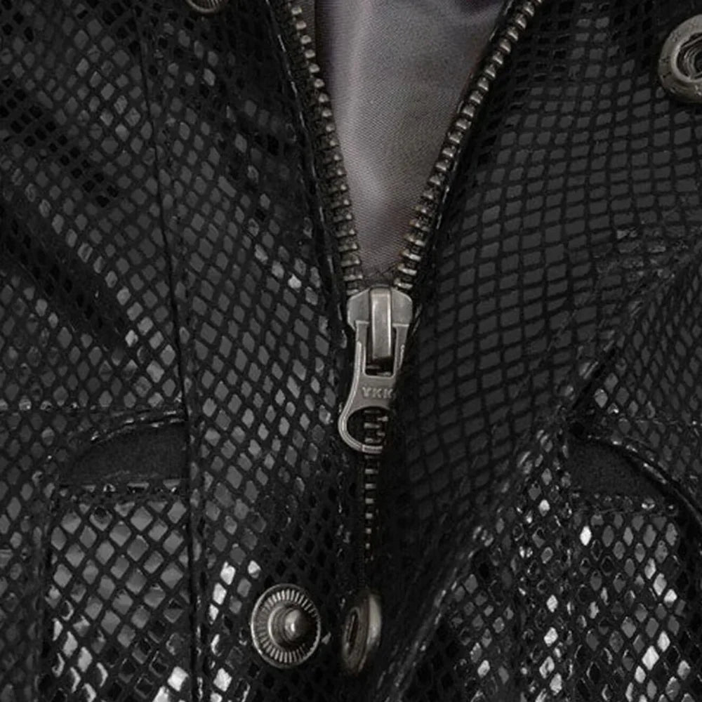 Men’s Black Snakeskin Textured Leather Belted Jacket