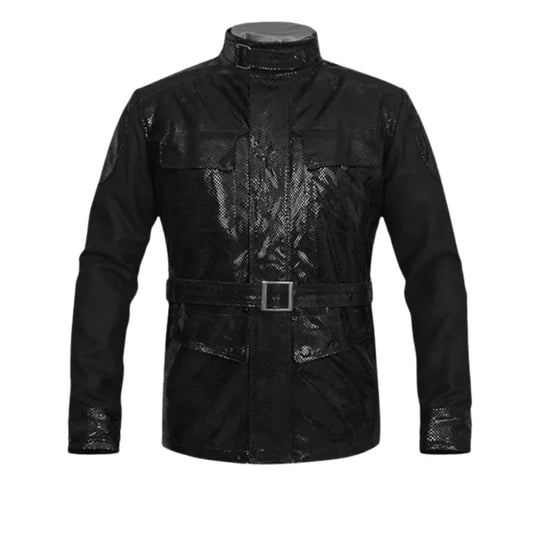 Men’s Black Snakeskin Textured Leather Belted Jacket