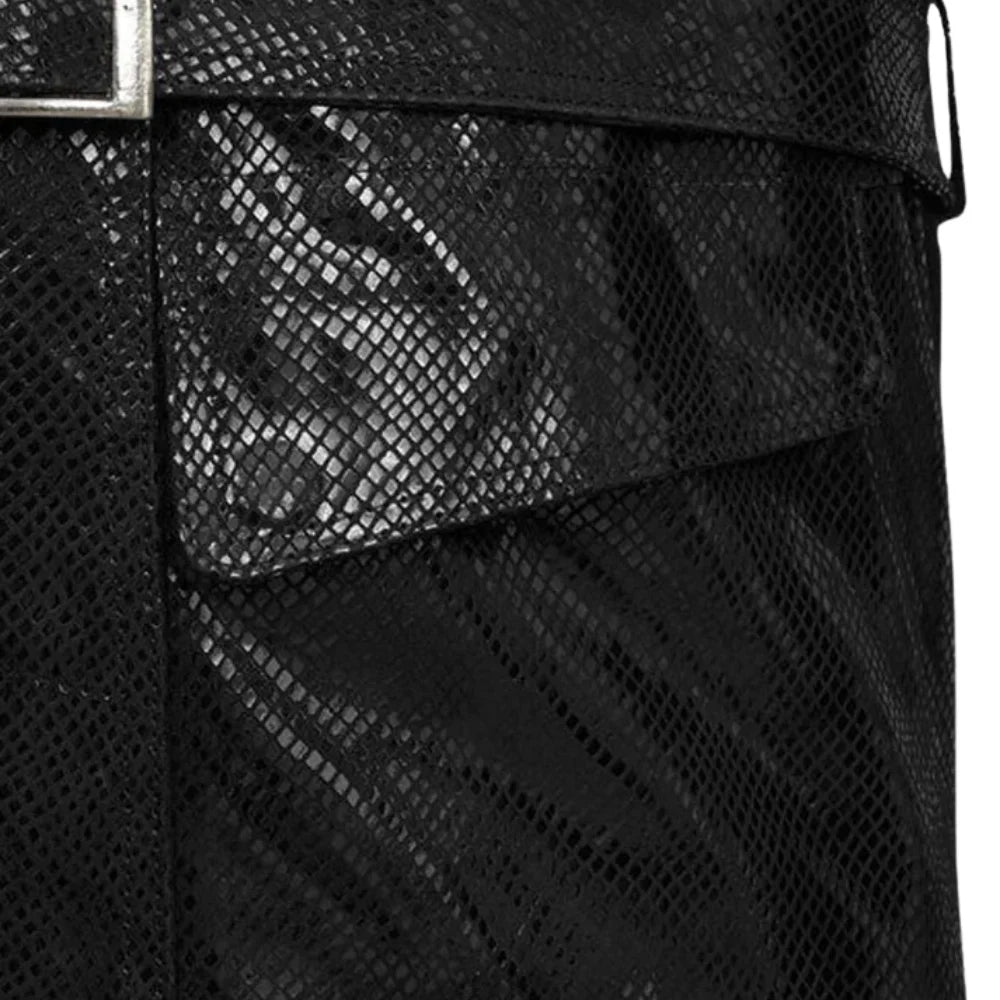 Men’s Black Snakeskin Textured Leather Belted Jacket