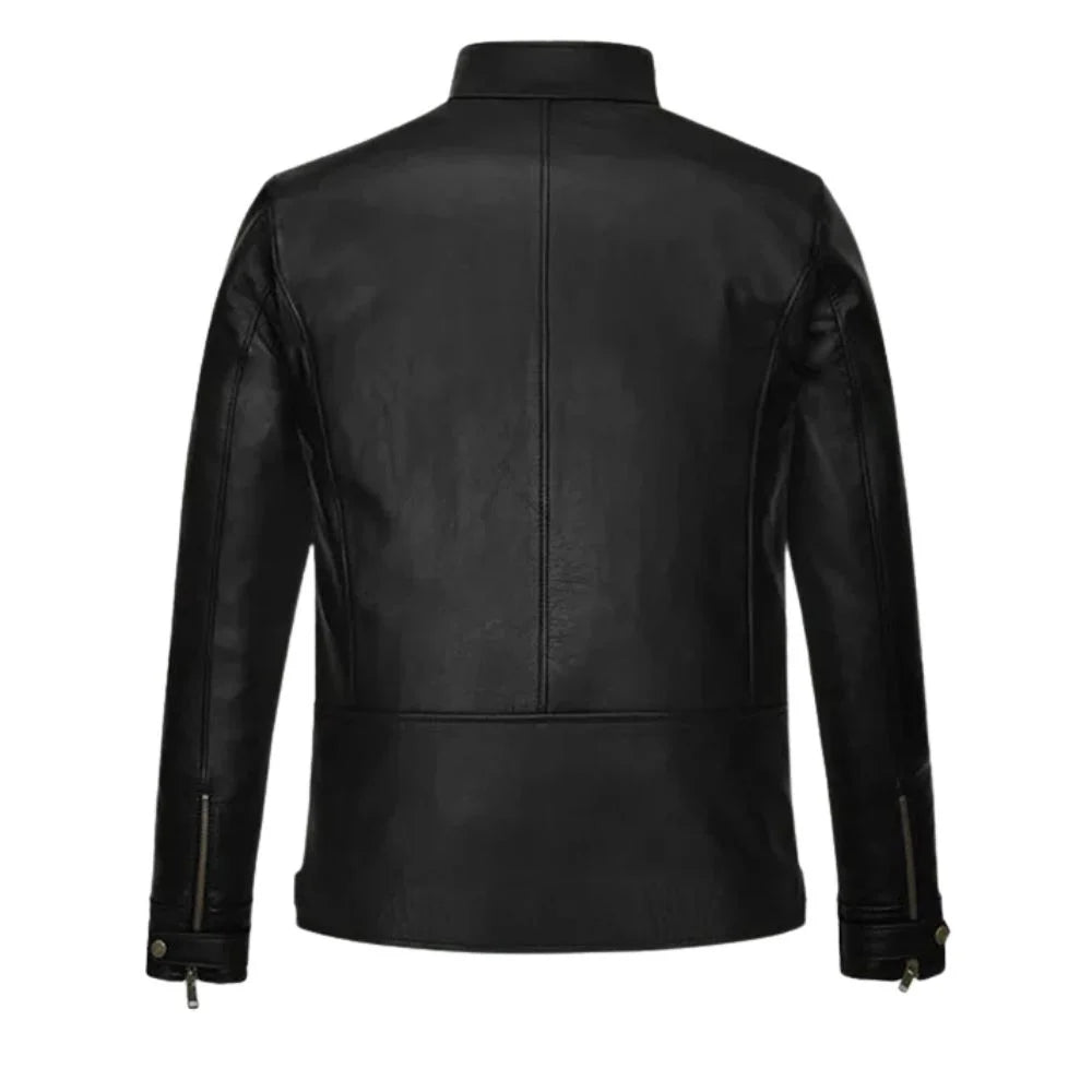 Men’s Black Snap Tab Collar Leather Jacket