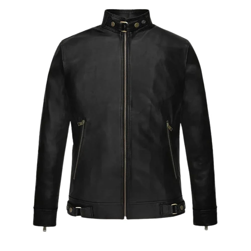 Men’s Black Snap Tab Collar Leather Jacket