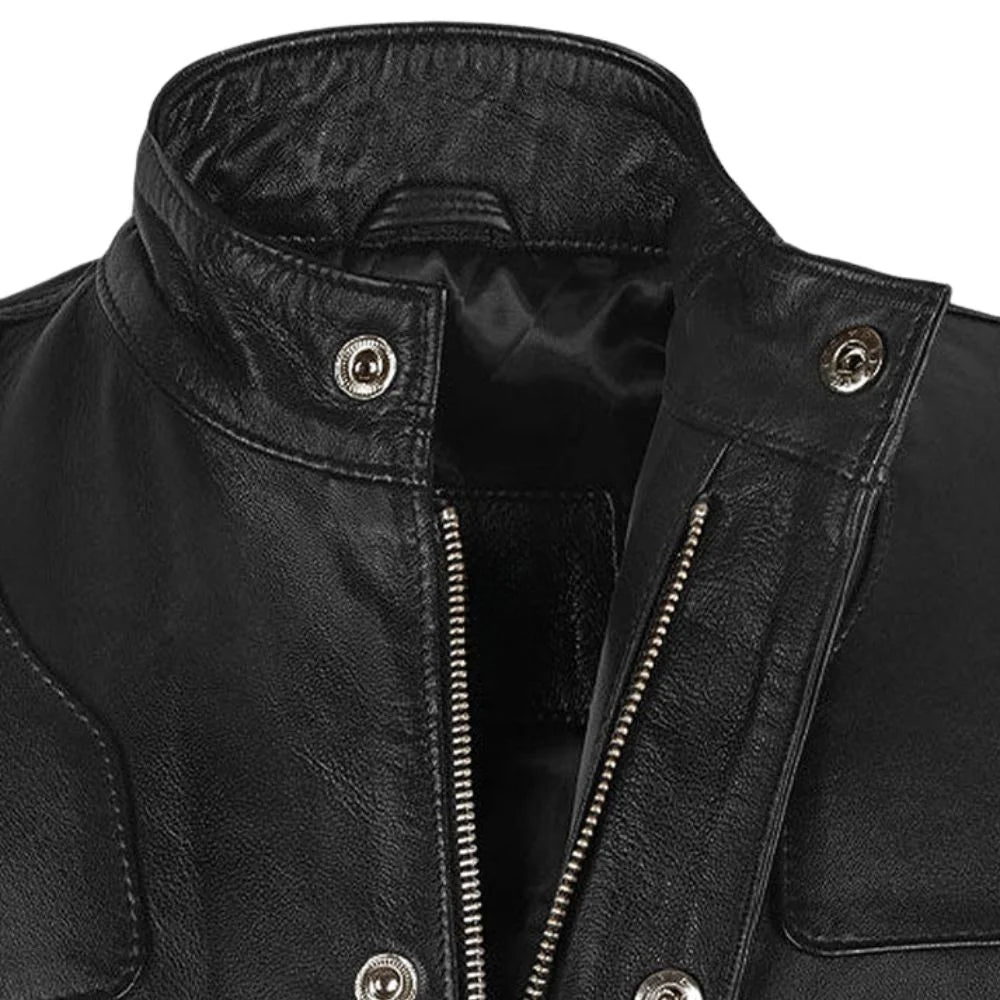 Men’s Black Band Collar Leather Jacket