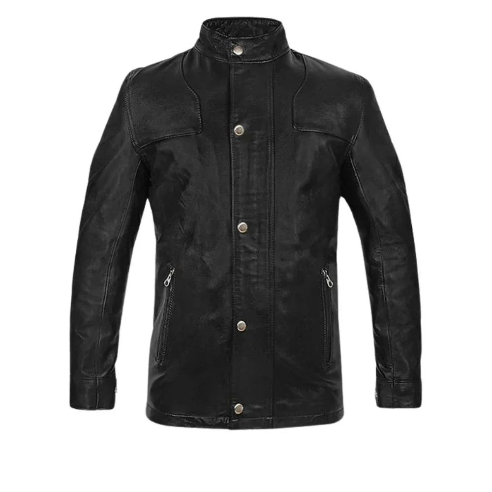 Men’s Black Band Collar Leather Jacket