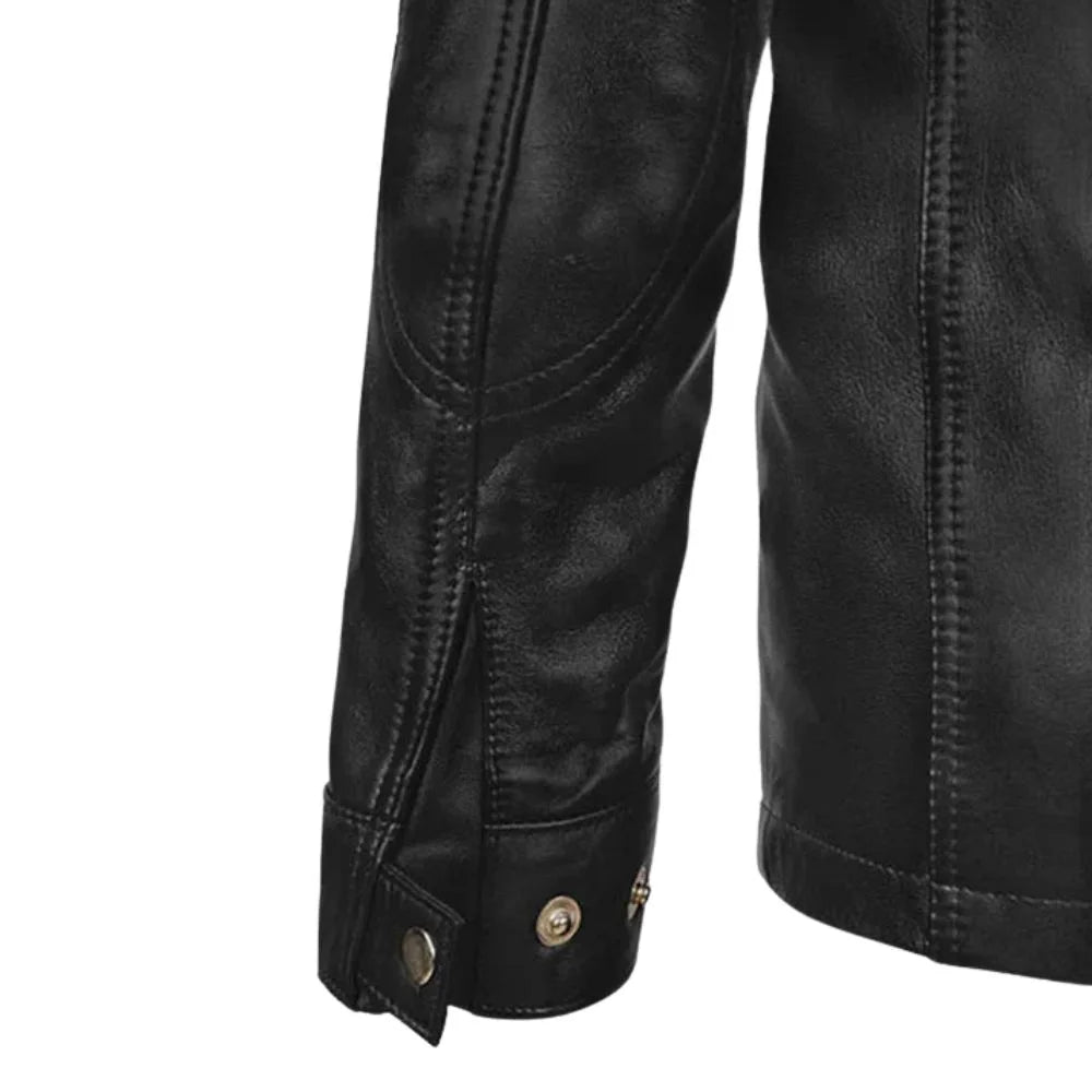 Men’s Black Band Collar Leather Jacket