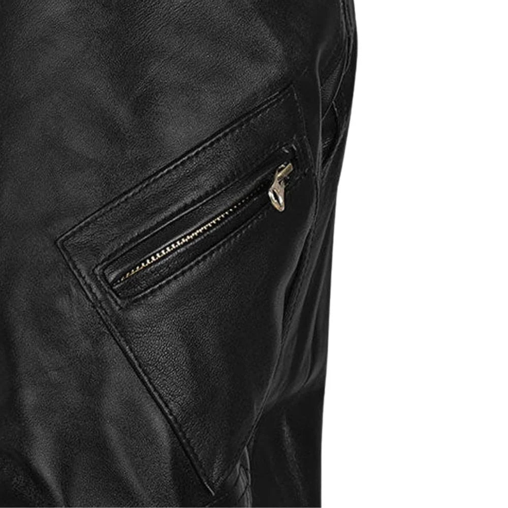 Men’s Black Band Collar Leather Jacket