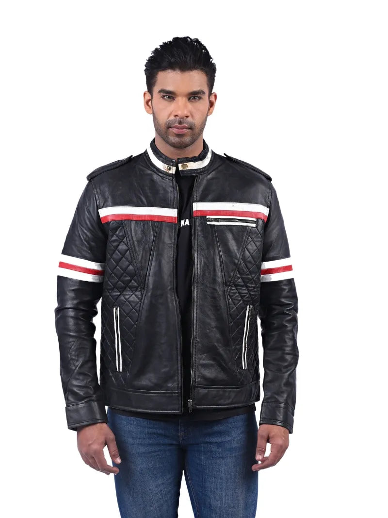 Men’s Black Stripe Leather Jacket Front 