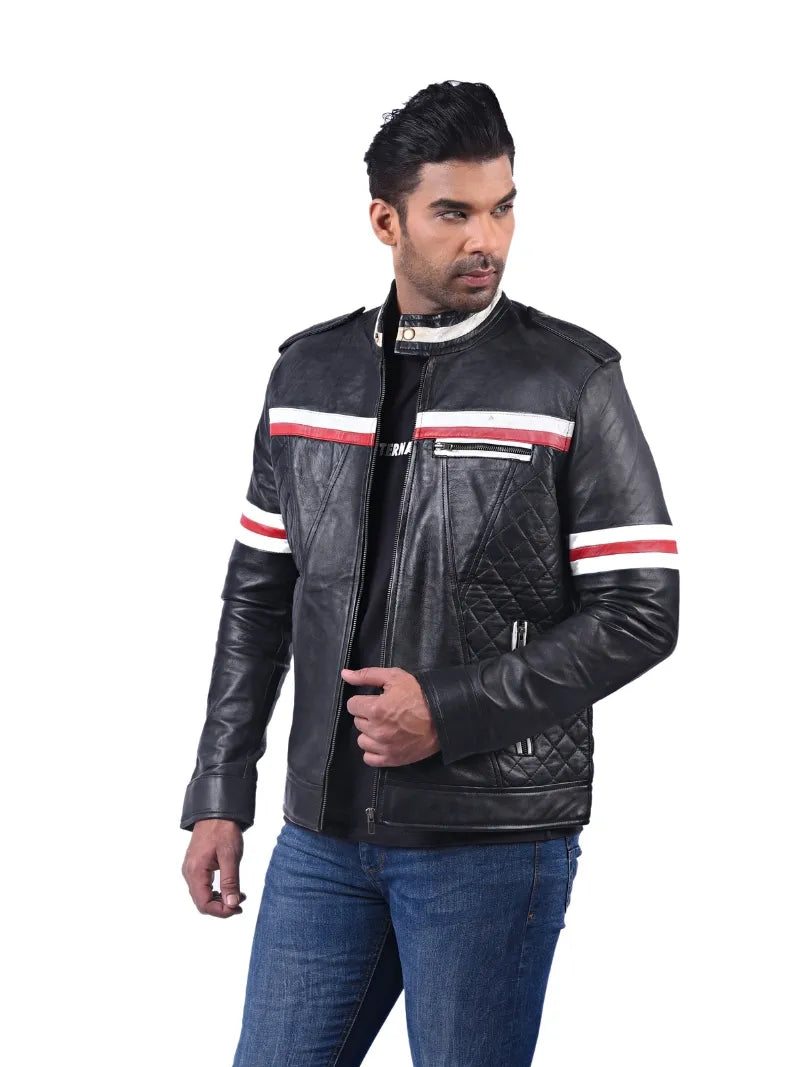 Men’s Black Stripe Leather Jacket Left 