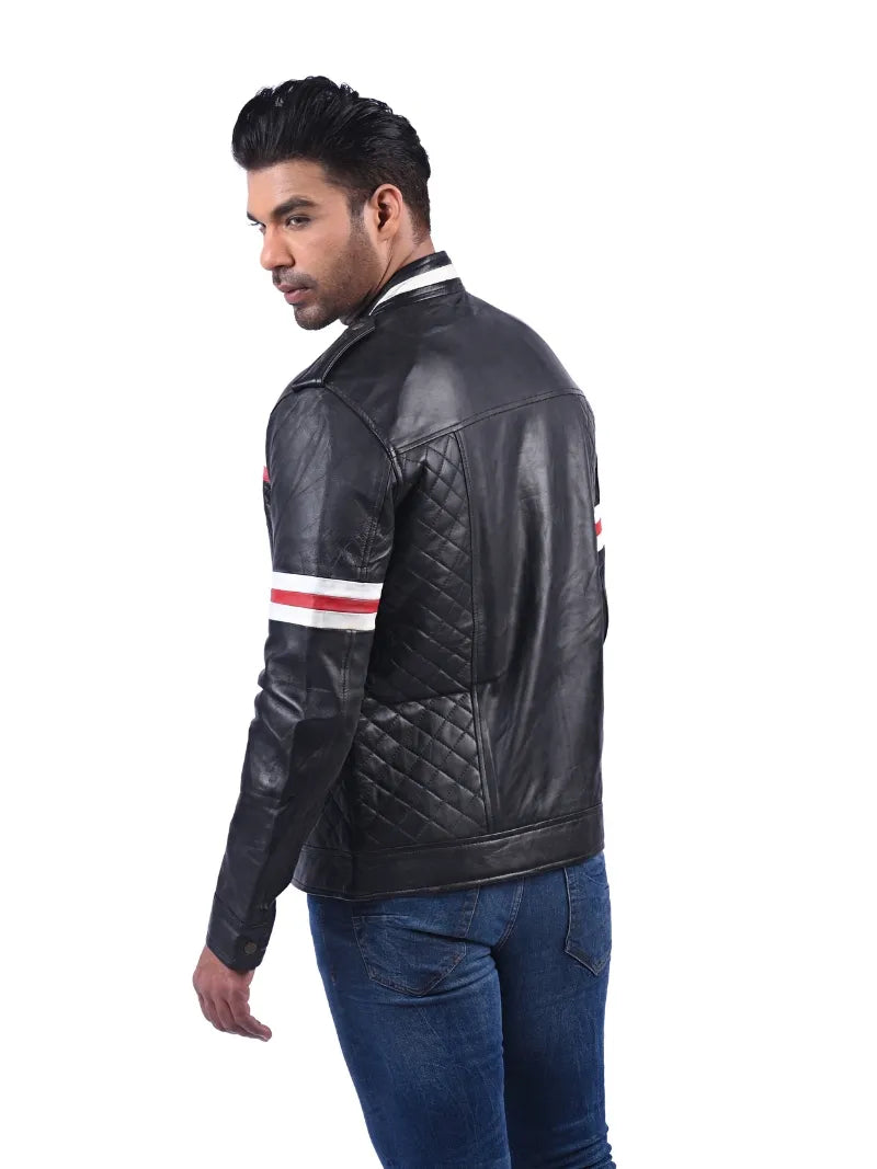 Men’s Black Stripe Leather Jacket Left 