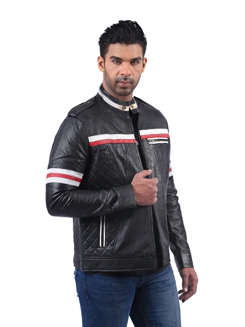 Men’s Black Stripe Leather Jacket Right 