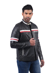 Men’s Black Stripe Leather Jacket Right 