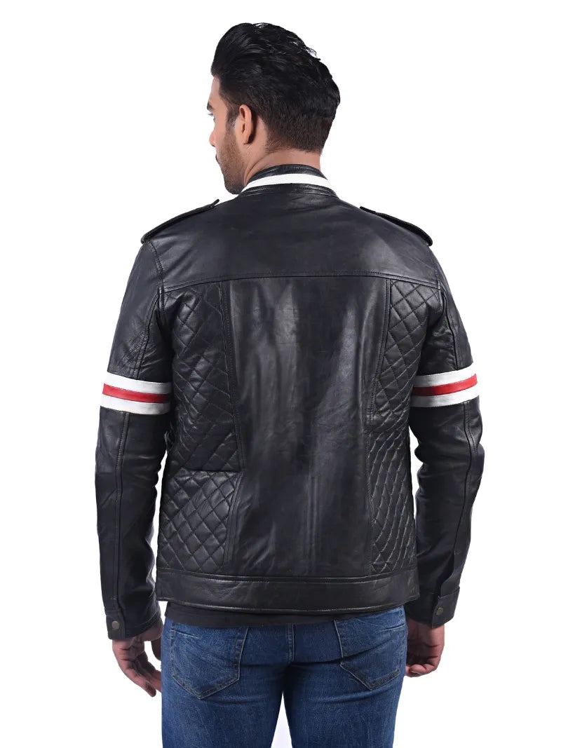 Men’s Black Stripe Leather Jacket Back