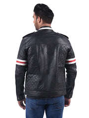 Men’s Black Stripe Leather Jacket Back