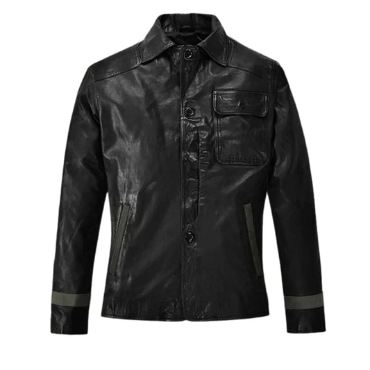 Men’s Black Utility Leather Field Jacket with Chest Pocket