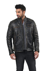Men’s Black Waxed Leather Jacket with Chest Zip Pockets Right 