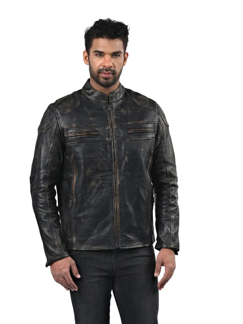 Men’s Black Waxed Leather Jacket with Chest Zip Pockets Front 