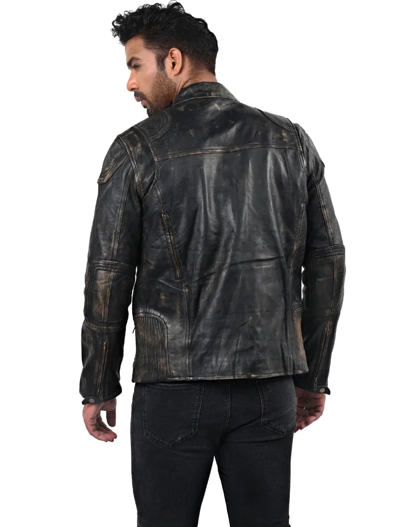 Men’s Black Waxed Leather Jacket with Chest Zip Pockets Back 