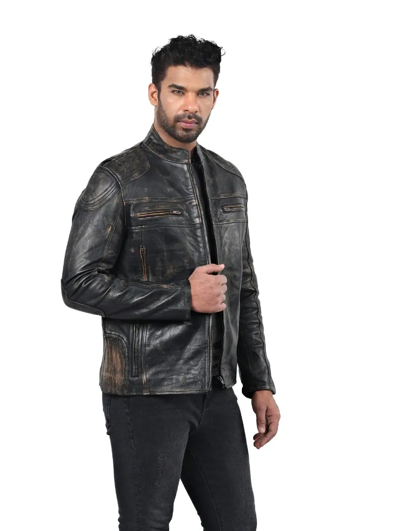 Men’s Black Waxed Leather Jacket with Chest Zip Pockets Left 