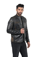 Men’s Black Waxed Leather Jacket with Chest Zip Pockets Left 