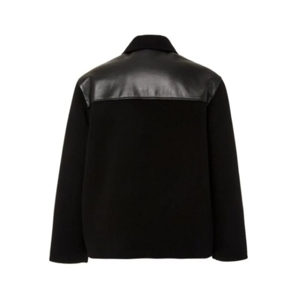 Men's Black Wool Leather Trimmed Jacket