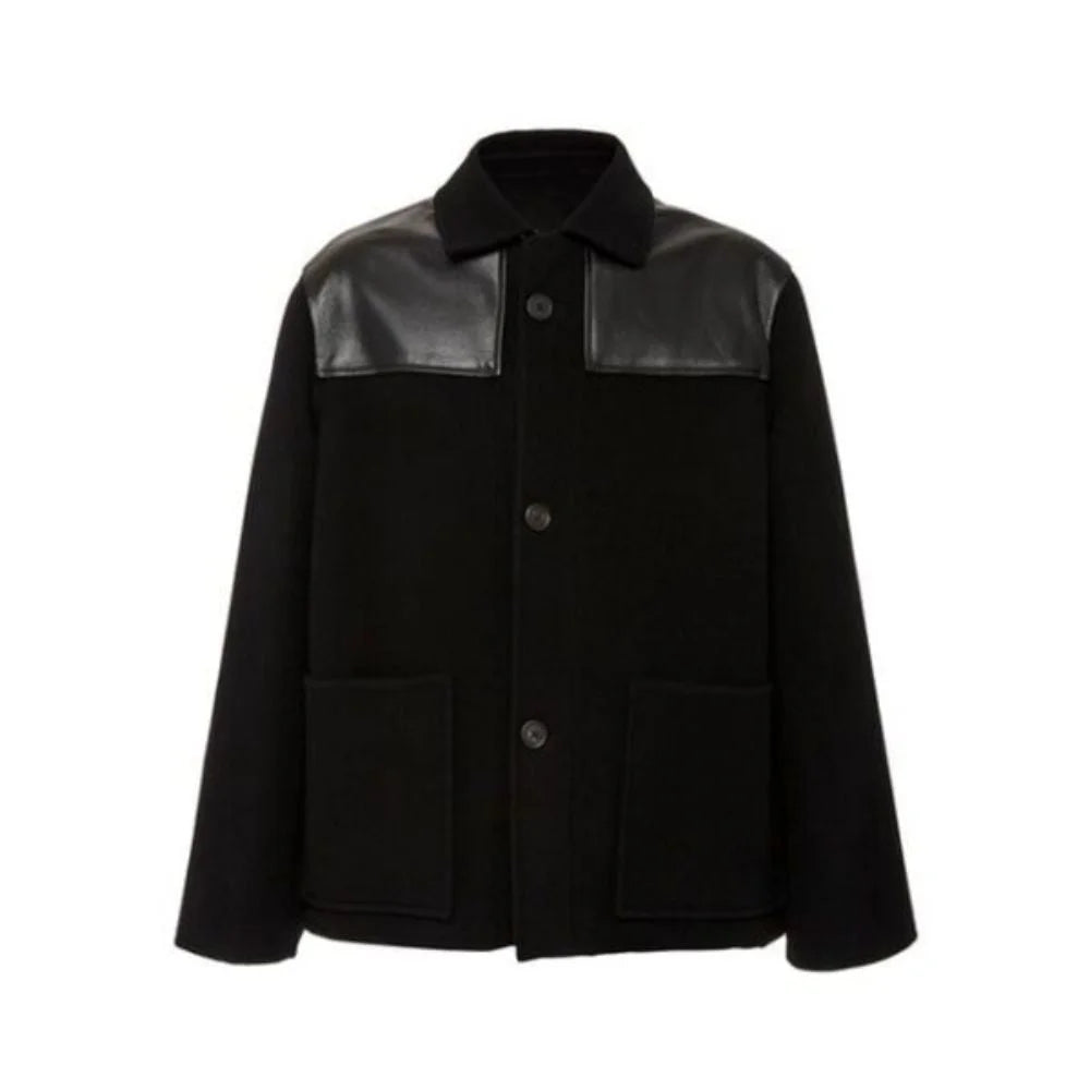Men's Black Wool Leather Trimmed Jacket