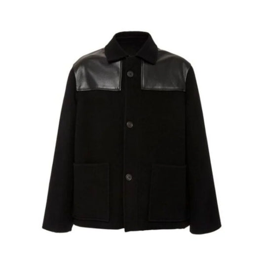Men's Black Wool Leather Trimmed Jacket
