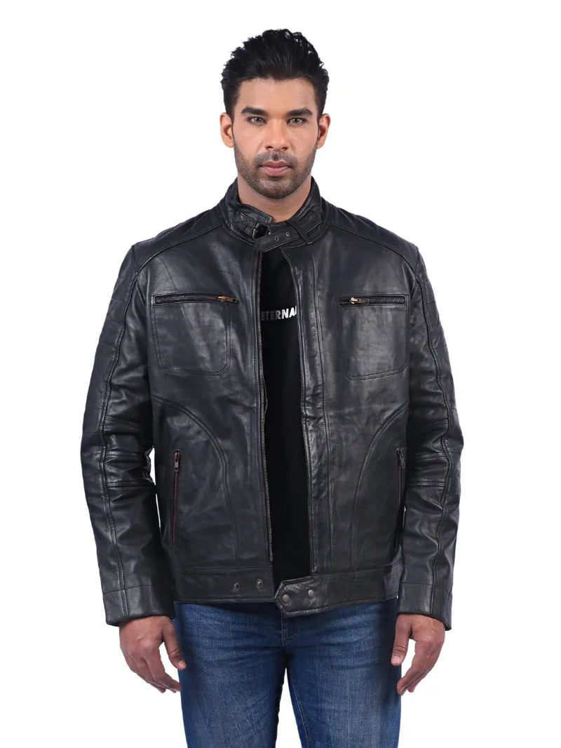 Men’s Black Zip Pocket Leather Jacket Front