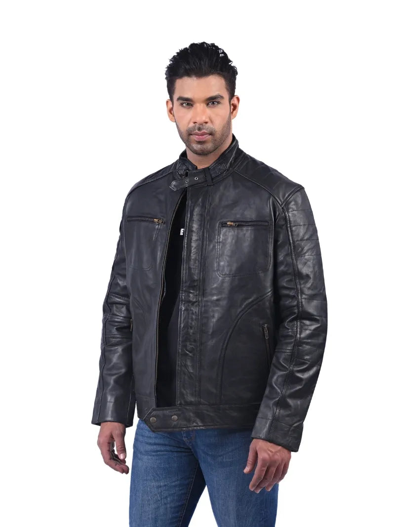 Men’s Black Zip Pocket Leather Jacket Full