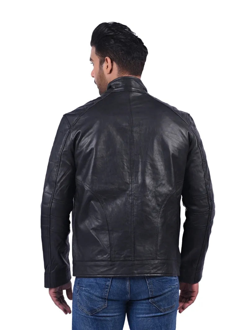 Men’s Black Zip Pocket Leather Jacket Back 