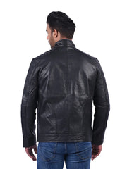 Men’s Black Zip Pocket Leather Jacket Back 