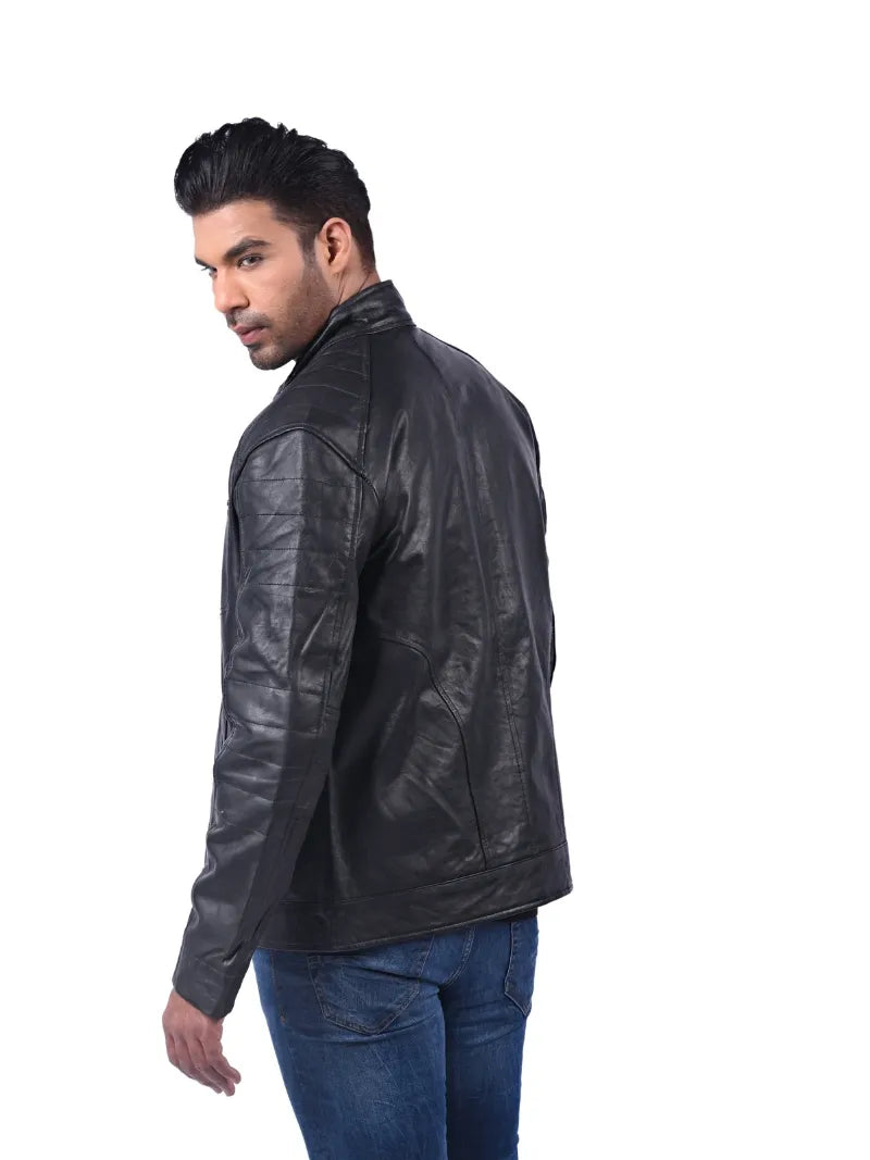 Men’s Black Zip Pocket Leather Jacket Left 
