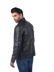 Men’s Black Zip Pocket Leather Jacket Left 