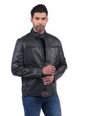 Men’s Black Zip Pocket Leather Jacket Right