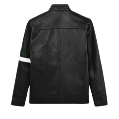 Men’s Black and Green Striped Leather Jacket with White Detail