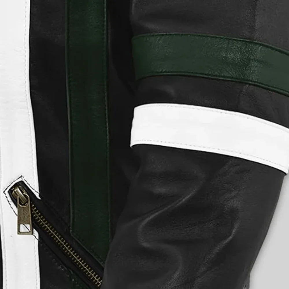 Men’s Black and Green Striped Leather Jacket with White Detail