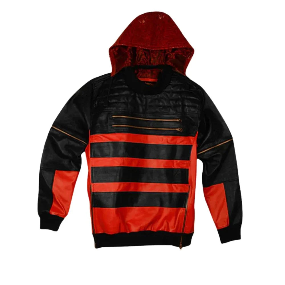 Men’s Black and Red Hooded Leather Jacket