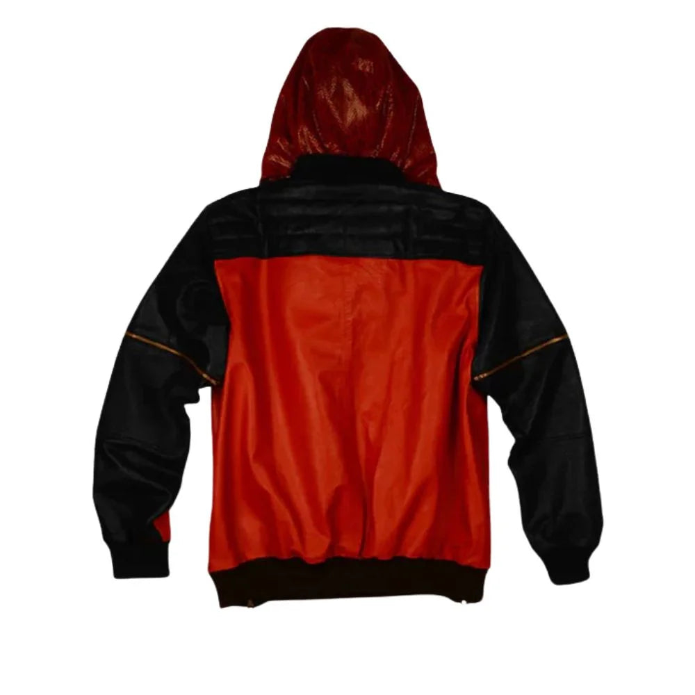 Men’s Black and Red Hooded Leather Jacket