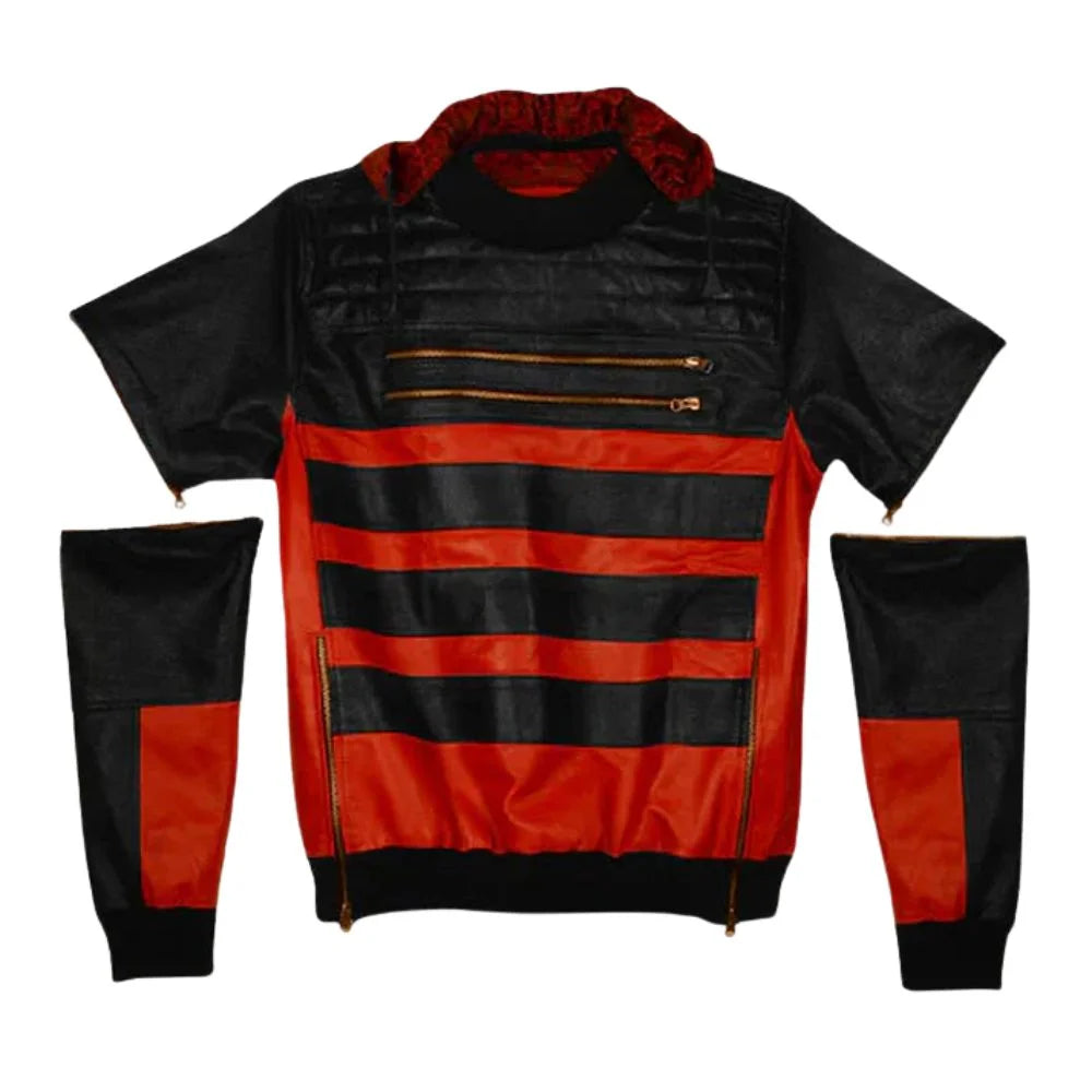 Men’s Black and Red Hooded Leather Jacket