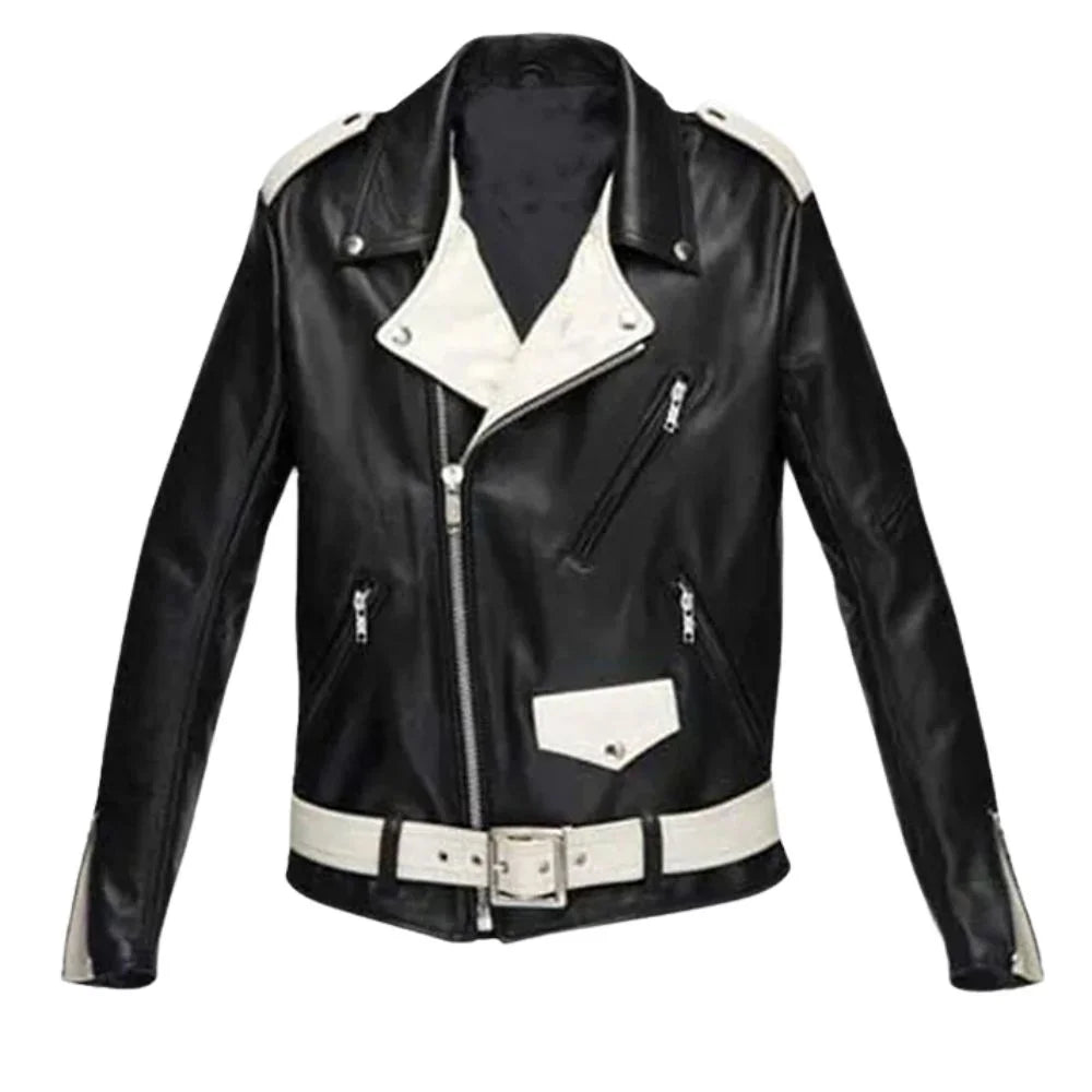 Men’s Black and White Asymmetrical Leather Jacket