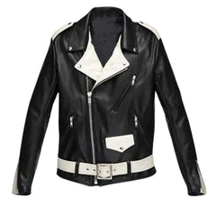 Men’s Black and White Asymmetrical Leather Jacket