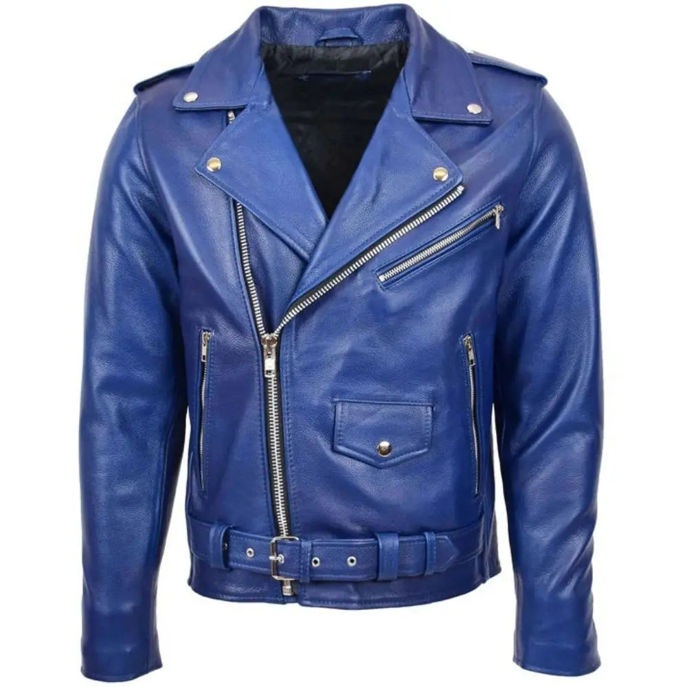 Men’s Blue Belted Brando Leather Biker Jacket 