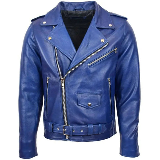 Men’s Blue Belted Brando Leather Biker Jacket 
