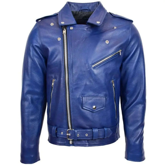 Men’s Blue Belted Brando Leather Biker Jacket 