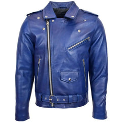 Men’s Blue Belted Brando Leather Biker Jacket 