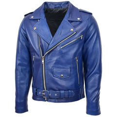 Men’s Blue Belted Brando Leather Biker Jacket 