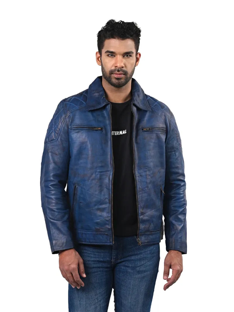 Men’s Blue Leather Jacket with Chest Zip Pockets Front