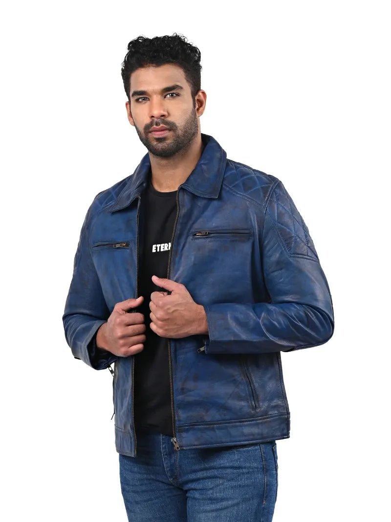 Men’s Blue Leather Jacket with Chest Zip Pockets Full